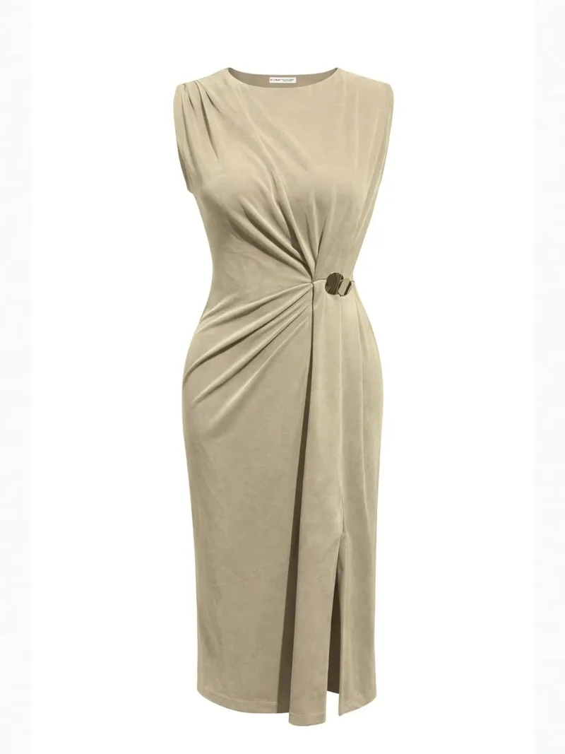 ميكسراي MIXRAY Fitted Midi Dress with Crew Neck