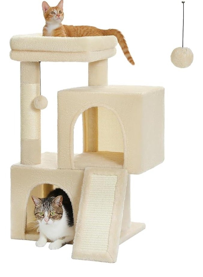 اليسا شجرة قطط، برج قطط 77 سم مع شقتين للقطط الداخلية، بيت قطط مخملي مع مجثم مبطن، منحدر خدش وأعمدة وكرات قابلة للاستبدال - بيج، 30 بوصة
