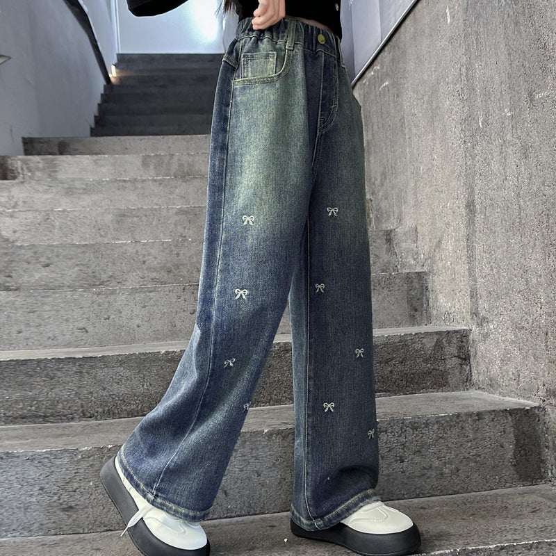 Rolanko Girls Jeans Baggy Wide Leg Denim Pants Elastic Loose Kids Jeans (Bow, 8-9 Years) - Image 3