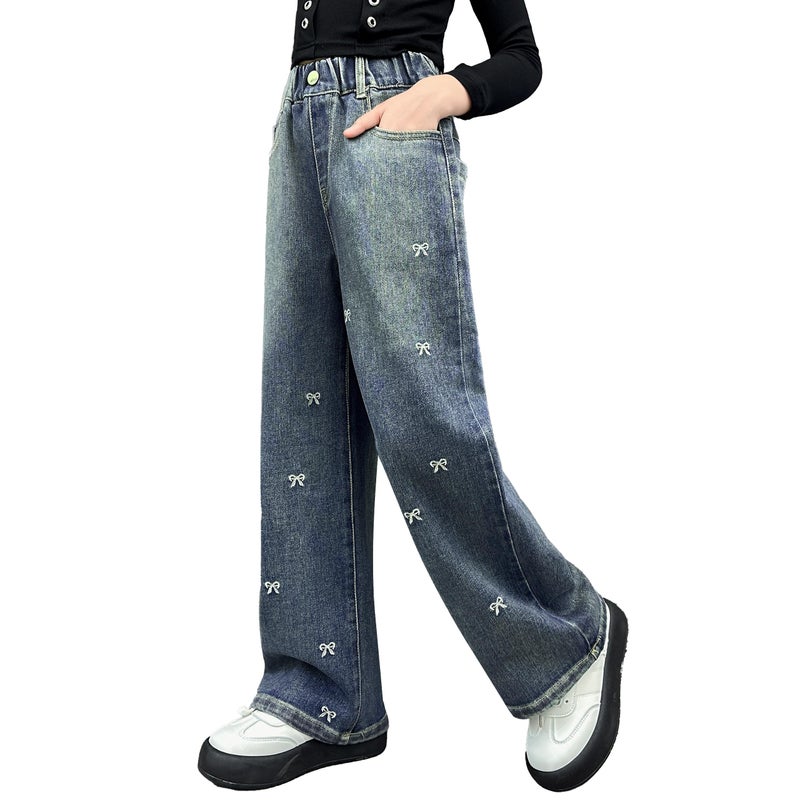 Rolanko Girls Jeans Baggy Wide Leg Denim Pants Elastic Loose Kids Jeans (Bow, 8-9 Years) - Image 1