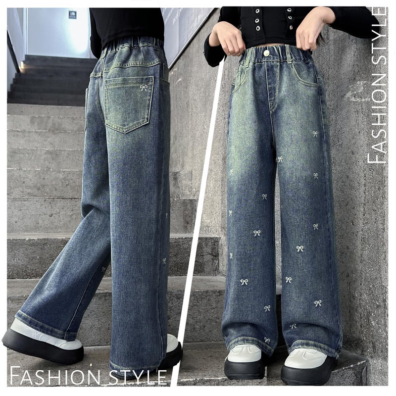 Rolanko Girls Jeans Baggy Wide Leg Denim Pants Elastic Loose Kids Jeans (Bow, 8-9 Years) - Image 2