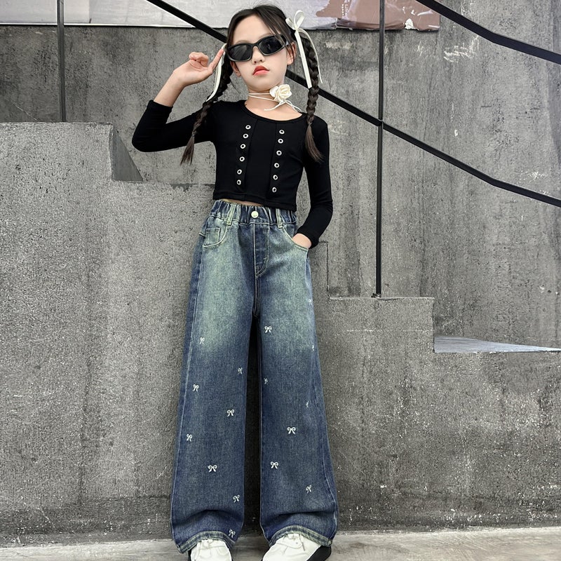 Rolanko Girls Jeans Baggy Wide Leg Denim Pants Elastic Loose Kids Jeans (Bow, 8-9 Years) - Image 4