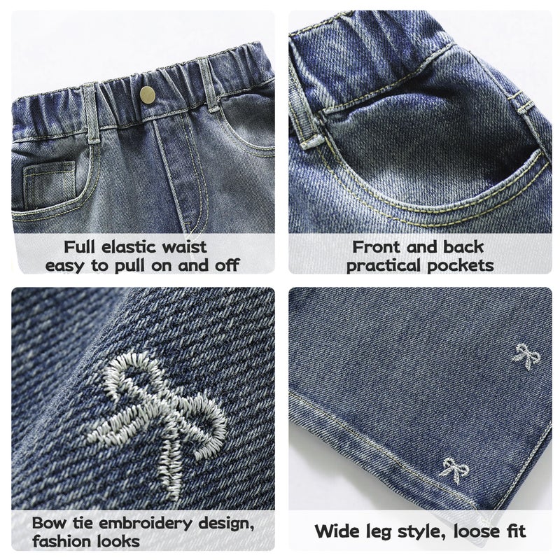 Rolanko Girls Jeans Baggy Wide Leg Denim Pants Elastic Loose Kids Jeans (Bow, 8-9 Years) - Image 5