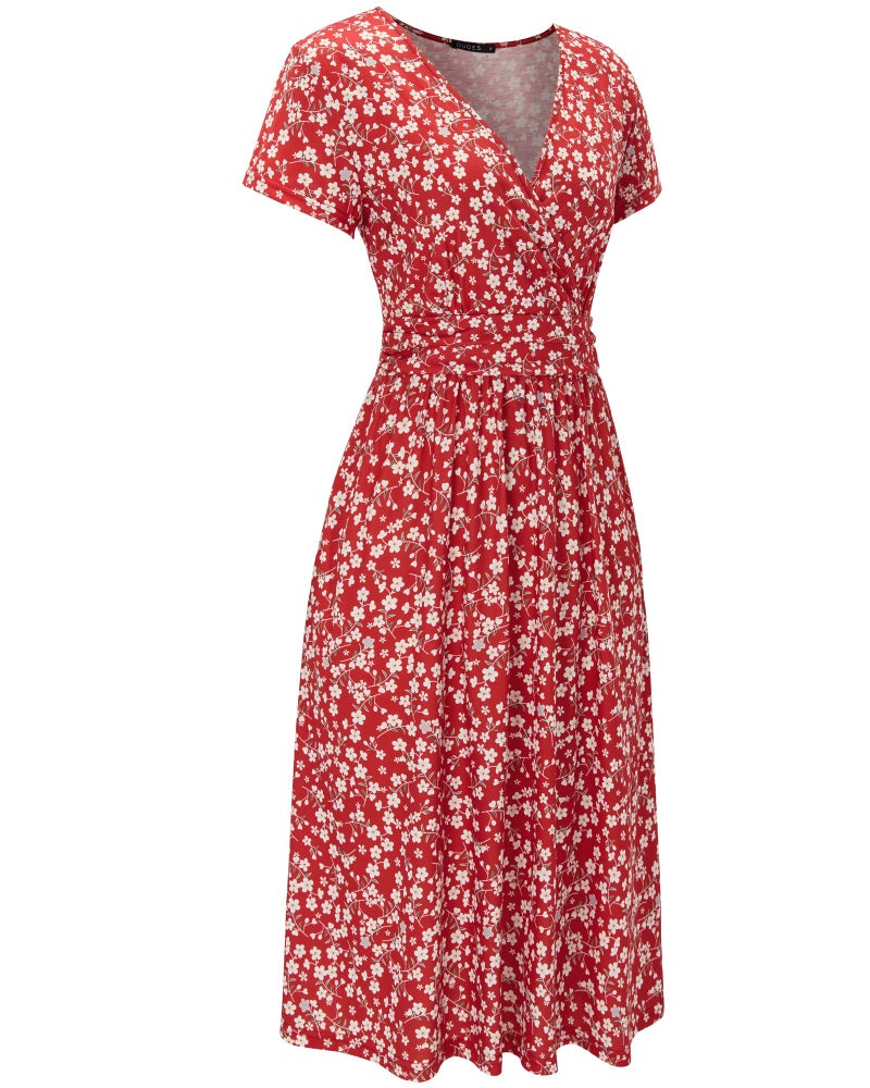 OUGES Women's Spring Dresses for Women 2025 Summer Short Sleeve V-Neck Floral Short Party Dress with Pockets(FloralZ15-419,XL) - Image 3
