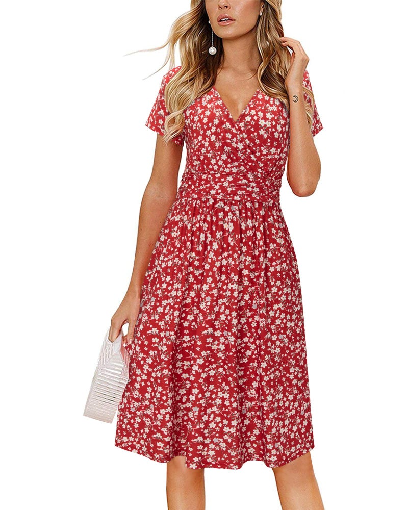 OUGES Women's Spring Dresses for Women 2025 Summer Short Sleeve V-Neck Floral Short Party Dress with Pockets(FloralZ15-419,XL) - Image 1