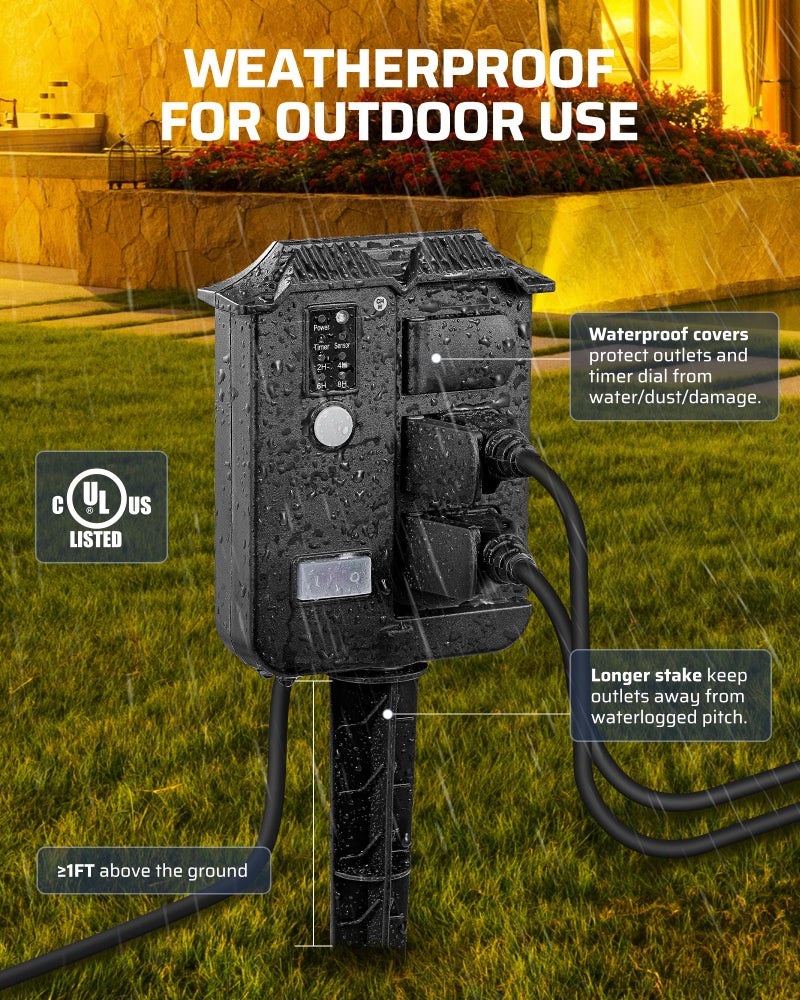DEWENWILS Outdoor Power Stake Timer Waterproof, 6 Grounded Outlets, 6FT Extension Cord, 100FT Wireless Remote Control, Photocell Dusk to Dawn Timer for Christmas Lights, Garden, UL Listed - Image 4