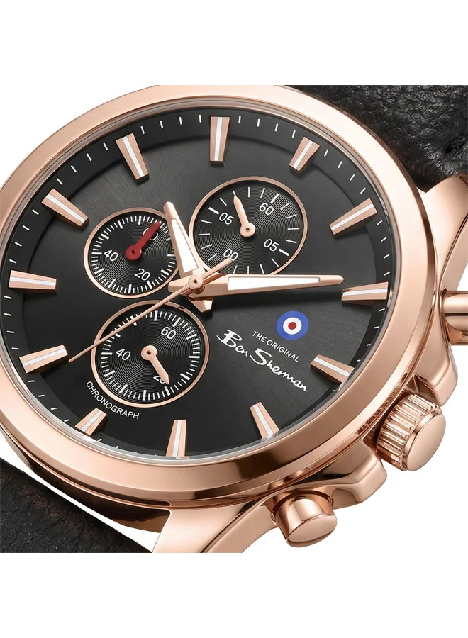 بين شيرمان Oxford Black Dial Brown Genuine Leather Strap Chronograph Watch for Men, 44mm