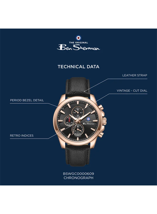 Ben Sherman Black Oxford Black Dial Brown Genuine Leather Strap Chronograph Watch for Men, 44mm for Men | Best Price UAE