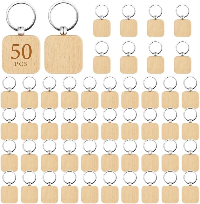 50 Pcs Unfinished Wood Keychains, Natural Square Wooden Tags, Diy Blank Key Rings, Perfect For Crafting, Engraving, Or Painting - Image 1