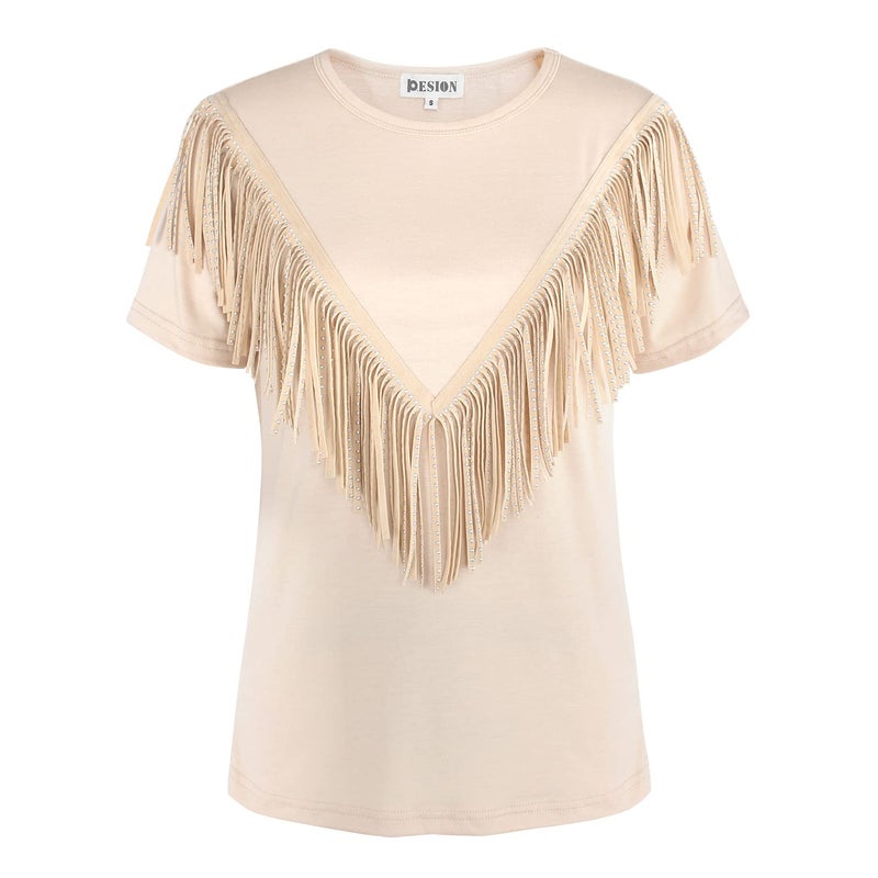 PESION Women's Fringe Trim Shirts Short Sleeve Tassel Trim Blouse T-Shirt Tops, Khaki, Large - Image 5
