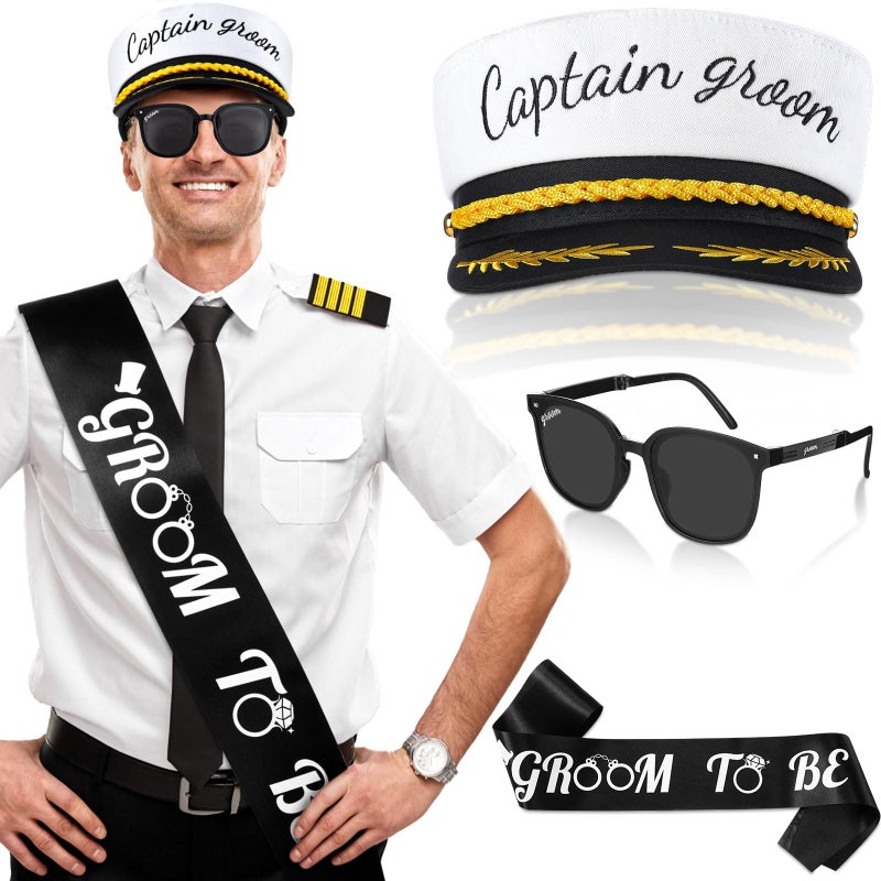 JaGely 3 Pcs Captain Bachelor Party Accessories for Groom Set Include Groom Hat Sunglasses Sash for Bridal ShowerVintage Style