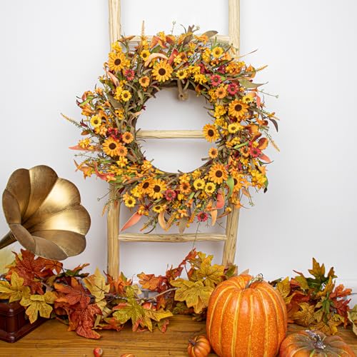 J'FLORU Artificial Fall Wreath 22 Inch Fall Wreaths for Front Door Autumn Porch Farmhouse Thanksgiving Day Harvest Festival - Image 3