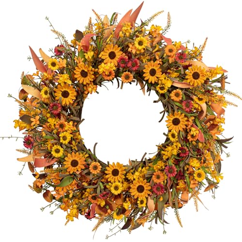 J'FLORU Artificial Fall Wreath 22 Inch Fall Wreaths for Front Door Autumn Porch Farmhouse Thanksgiving Day Harvest Festival - Image 1