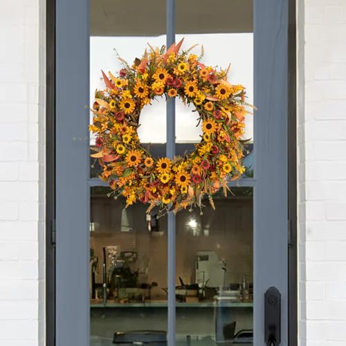 J'FLORU Artificial Fall Wreath 22 Inch Fall Wreaths for Front Door Autumn Porch Farmhouse Thanksgiving Day Harvest Festival - Image 2