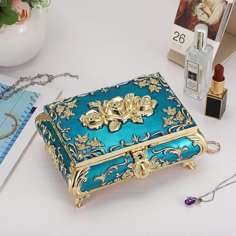 Hipiwe Metal Decorative Jewelry Box Vintage Treasure Chest Case Ornate Trinket Organizer Earrings Necklace Bracelet Storage Box Ring Holder Keepsake Box for Women Girls - Image 2