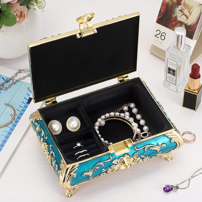 Hipiwe Metal Decorative Jewelry Box Vintage Treasure Chest Case Ornate Trinket Organizer Earrings Necklace Bracelet Storage Box Ring Holder Keepsake Box for Women Girls - Image 3