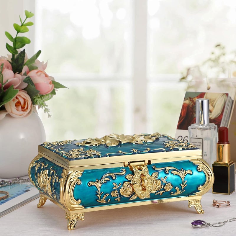 Hipiwe Metal Decorative Jewelry Box Vintage Treasure Chest Case Ornate Trinket Organizer Earrings Necklace Bracelet Storage Box Ring Holder Keepsake Box for Women Girls - Image 4