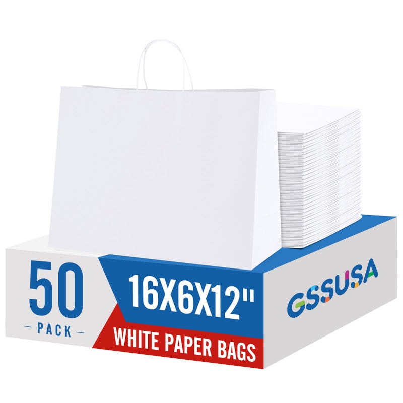 GSSUSA Large Paper Bags with Handles16x6x12 White 50Pcs Kraft Paper Shopping Bags Bulk for Small Business Valentines Day Grocery Boutique Merchandise