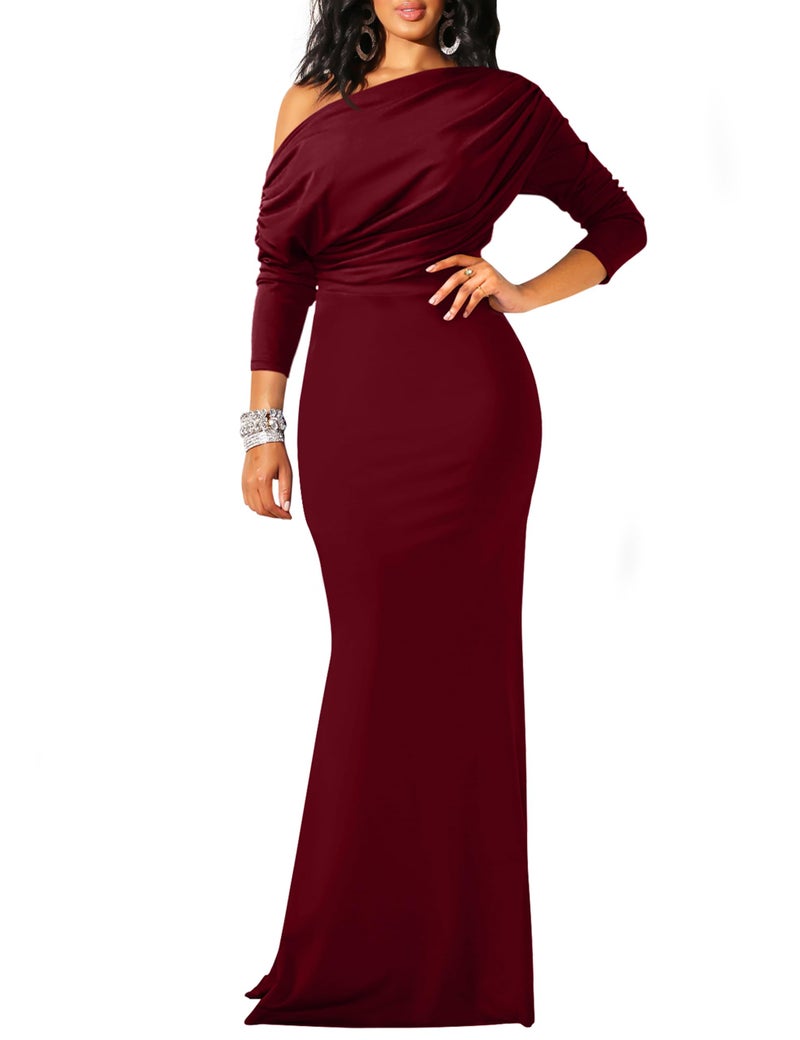 YMDUCH Women's Sexy Elegant Long Sleeve Off Shoulder Bodycon Long Evening Formal Dress WineRed - Image 1