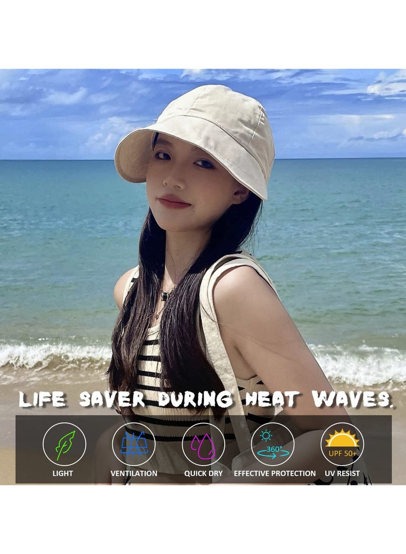 SYOSI 2PCS Sun Protection Drawstring Peaked Hat for Women, Sun Hats Summer Beach Sun Hat for Women Wide Brim Visor Fedora Cap UPF50+, Circumference 22-23.2in, Visor Wide 3.54in (White and Black)  - Image 2