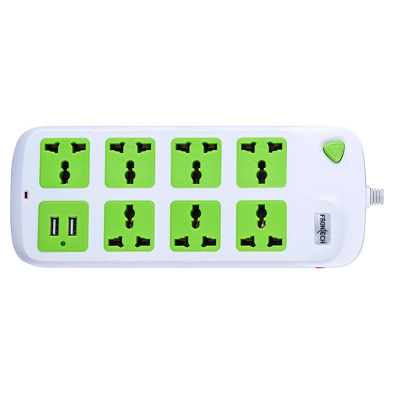 Extension Cord with 7 Universal Sockets & 2 USB Ports, Extension Board with 4.5 Meter Cable, 250V Multi Plug Power Strip with Spike & Surge Protection (3531, White & Green)
