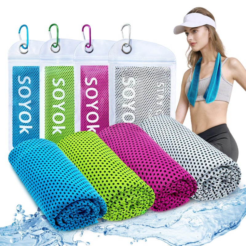 SOYOK 4 Packs Cooling Towels, 40" x 12" Microfiber Cooling Towels for Neck and Face, Soft Breathable Gym Towels for Working Out with Waterproof Bag & Carabiner, Sweat Towels for Running, Yoga, Travel, Climb - Image 1
