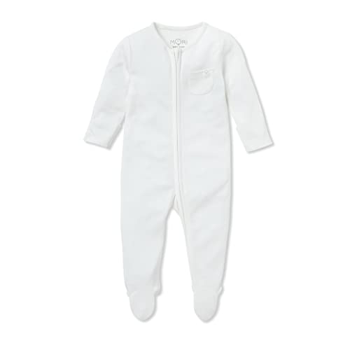 MORI Baby Unisex Clever Pajamas in White with Two Way Zip - Viscose from Bamboo - Comfort Jumpsuit Footed Nightwear for Boys and Girls - 6-9 Months - Image 1