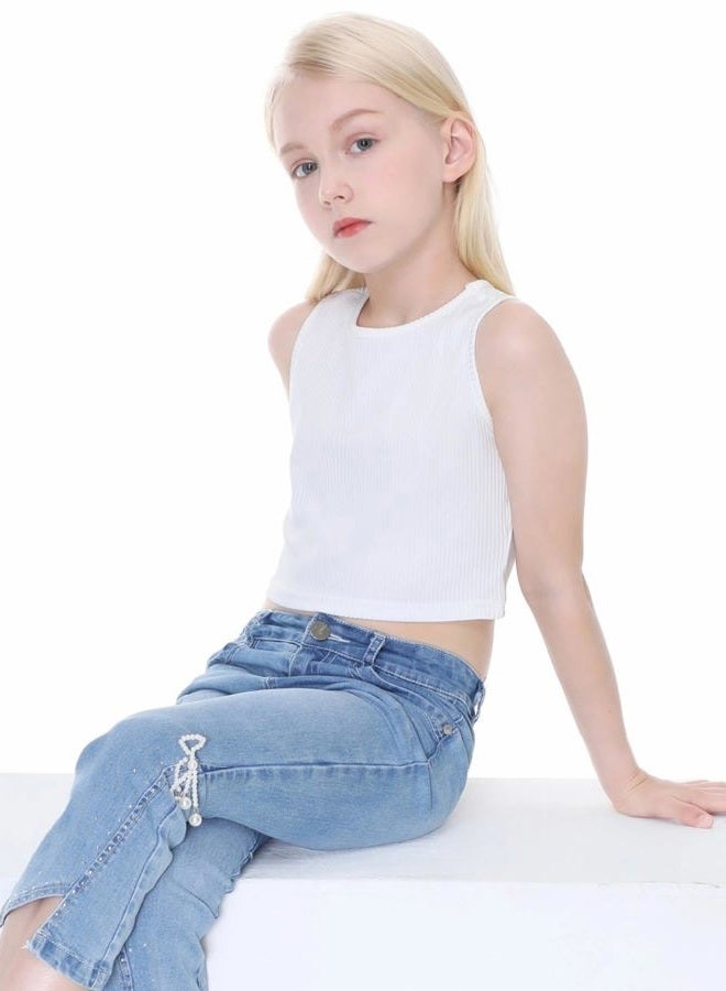 EXARUS Girl's Crop Tank Tops Dance Ribbed Knit Sleeveless Round Neck Racerback Casual Cute Cropped Top 6-12Y, White, 8 Years - Image 5