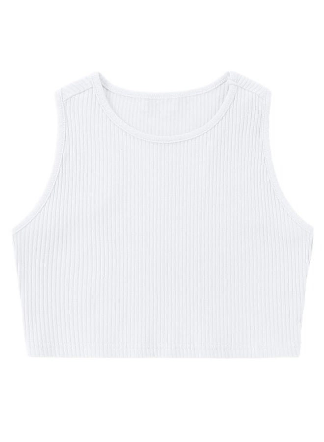 EXARUS Girl's Crop Tank Tops Dance Ribbed Knit Sleeveless Round Neck Racerback Casual Cute Cropped Top 6-12Y, White, 8 Years - Image 1