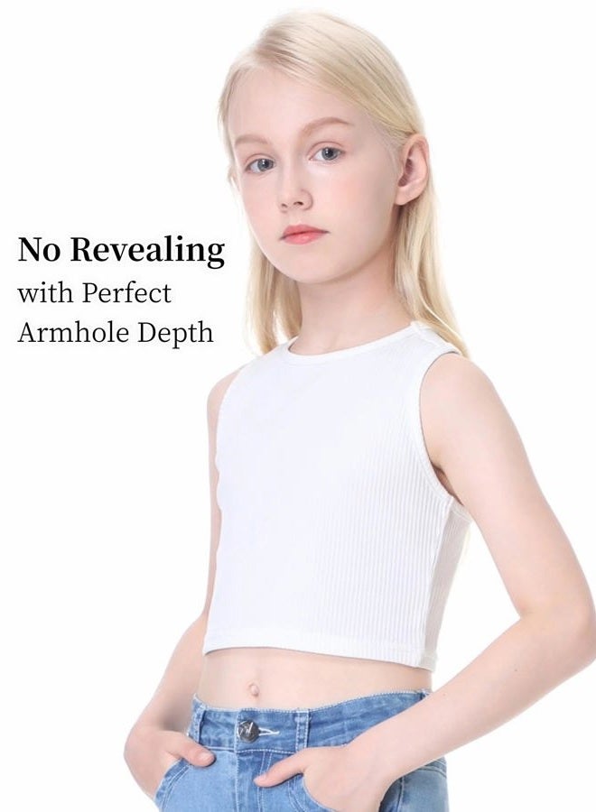 EXARUS Girl's Crop Tank Tops Dance Ribbed Knit Sleeveless Round Neck Racerback Casual Cute Cropped Top 6-12Y, White, 8 Years - Image 4