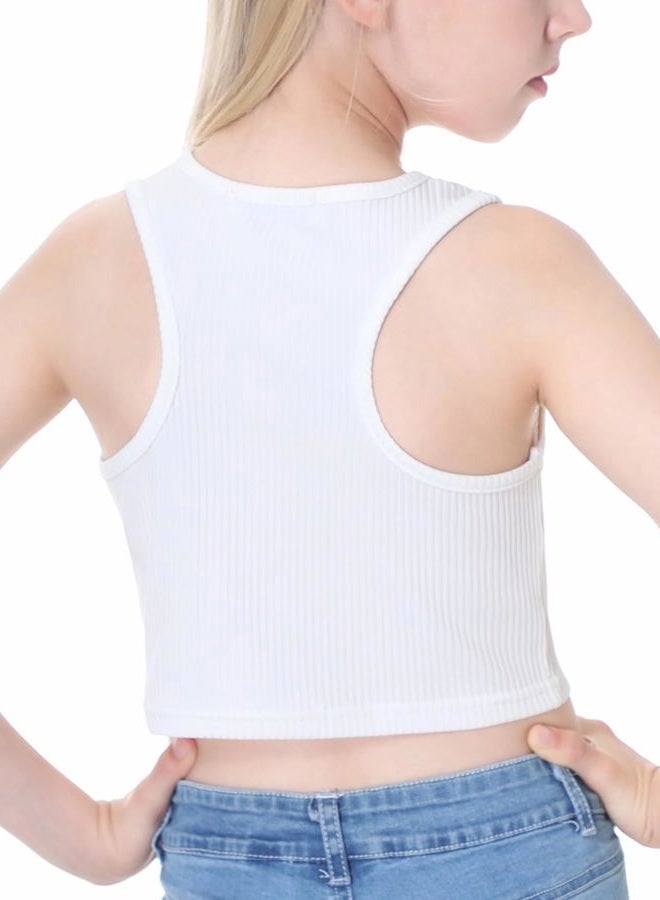 EXARUS Girl's Crop Tank Tops Dance Ribbed Knit Sleeveless Round Neck Racerback Casual Cute Cropped Top 6-12Y, White, 8 Years - Image 2