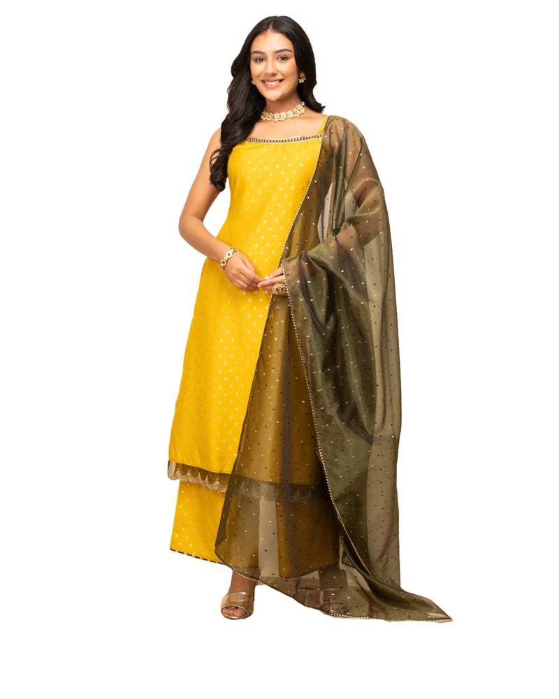 FIORRA Women's Yellow Silk Blend Straight Kurta with Palazzo and Dupatta SET0119 - Image 1