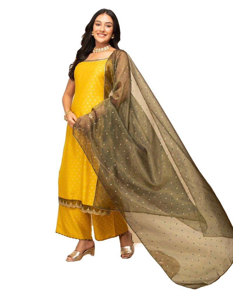 FIORRA Women's Yellow Silk Blend Straight Kurta with Palazzo and Dupatta SET0119 - Image 2