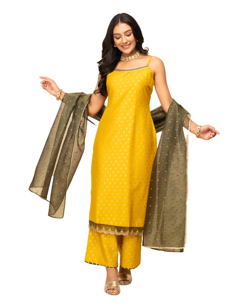 FIORRA Women's Yellow Silk Blend Straight Kurta with Palazzo and Dupatta SET0119 - Image 4