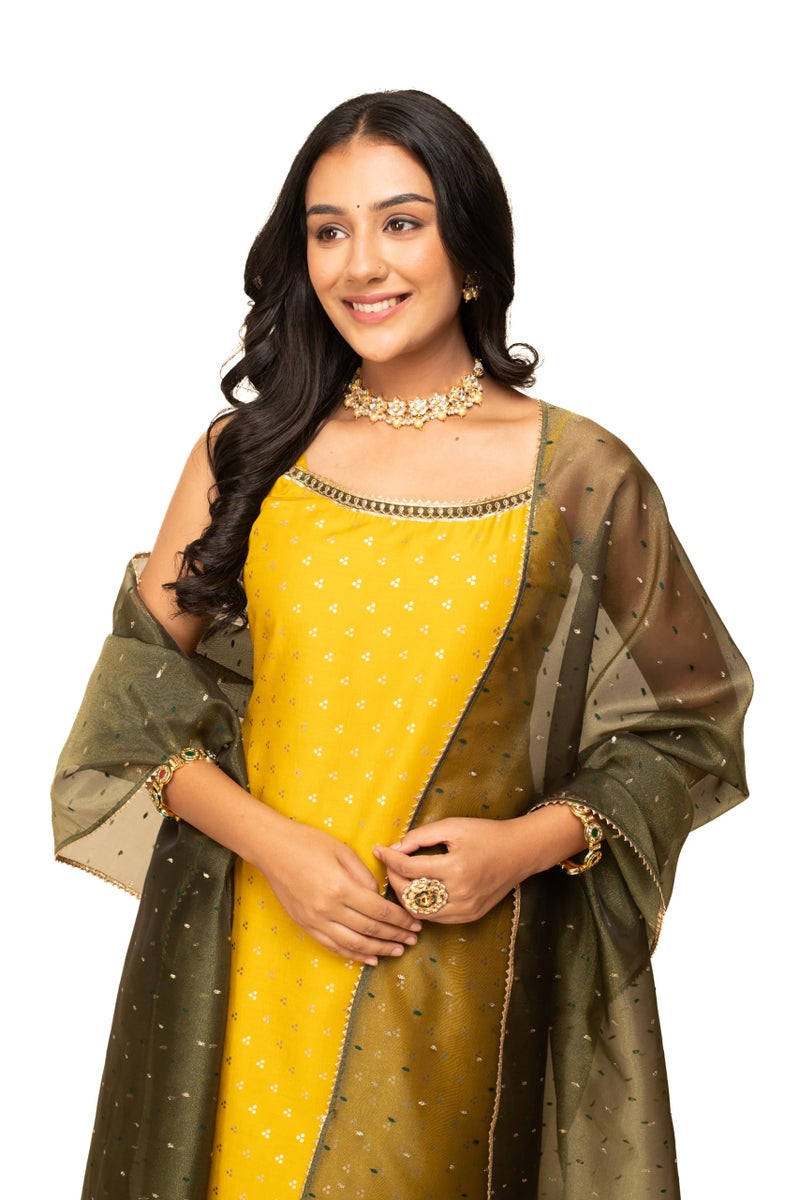 FIORRA Women's Yellow Silk Blend Straight Kurta with Palazzo and Dupatta SET0119 - Image 5