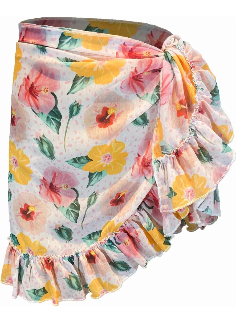 بولدر Frida Pink Yellow Flower Pattern Short Ruffle Pareo