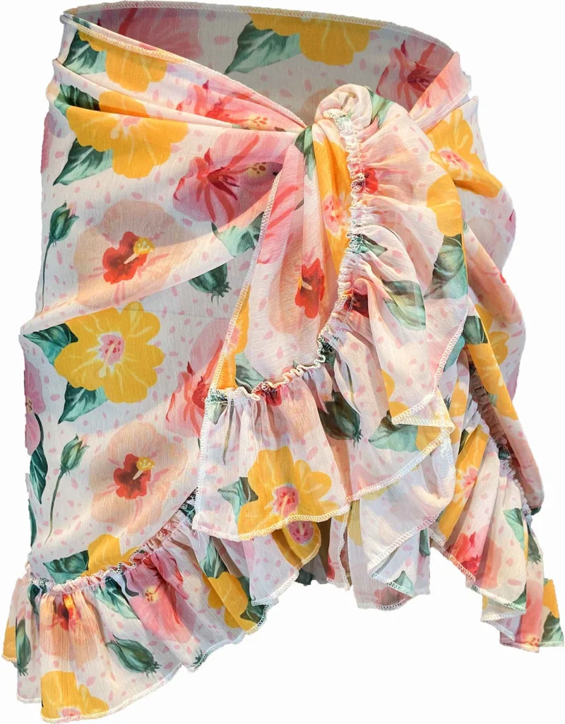 بولدر Frida Pink Yellow Flower Pattern Short Ruffle Pareo