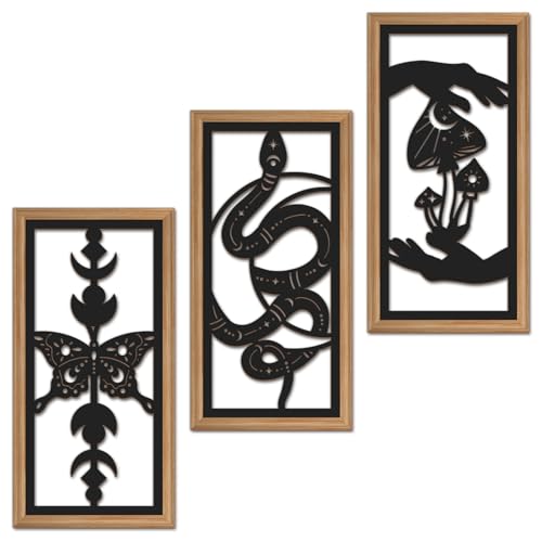IARTTOP 3 Pcs Black Gothic Wall Art Boho Witchy Moon Phases Butterfly Wood Wall Decor Snake Decor Hanging Art Dark Mushroom Artwork Home Decor for Apartment Living Room Bedroom 7.9 x15.8 Inch - Image 1