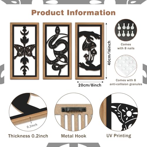 IARTTOP 3 Pcs Black Gothic Wall Art Boho Witchy Moon Phases Butterfly Wood Wall Decor Snake Decor Hanging Art Dark Mushroom Artwork Home Decor for Apartment Living Room Bedroom 7.9 x15.8 Inch - Image 3