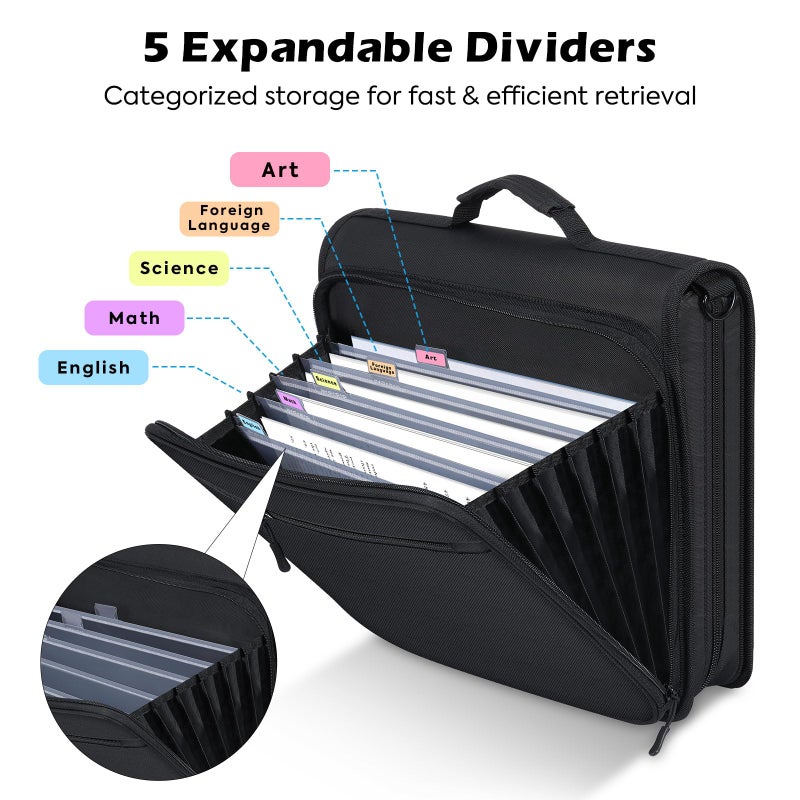 MoKo Zipper Binder, 2 Inch 3 Ring Binder with Multi-Pocket, 500 Sheet Capacity 5 Tab Expanding File Folder, Zipper Bag for School Office, Handle & Shoulder Strap, Black - Image 2