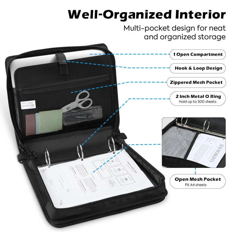 MoKo Zipper Binder, 2 Inch 3 Ring Binder with Multi-Pocket, 500 Sheet Capacity 5 Tab Expanding File Folder, Zipper Bag for School Office, Handle & Shoulder Strap, Black - Image 3