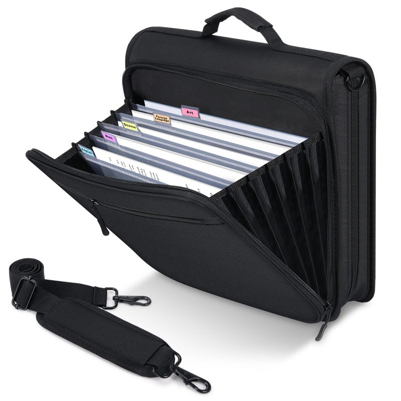 MoKo Zipper Binder, 2 Inch 3 Ring Binder with Multi-Pocket, 500 Sheet Capacity 5 Tab Expanding File Folder, Zipper Bag for School Office, Handle & Shoulder Strap, Black - Image 1