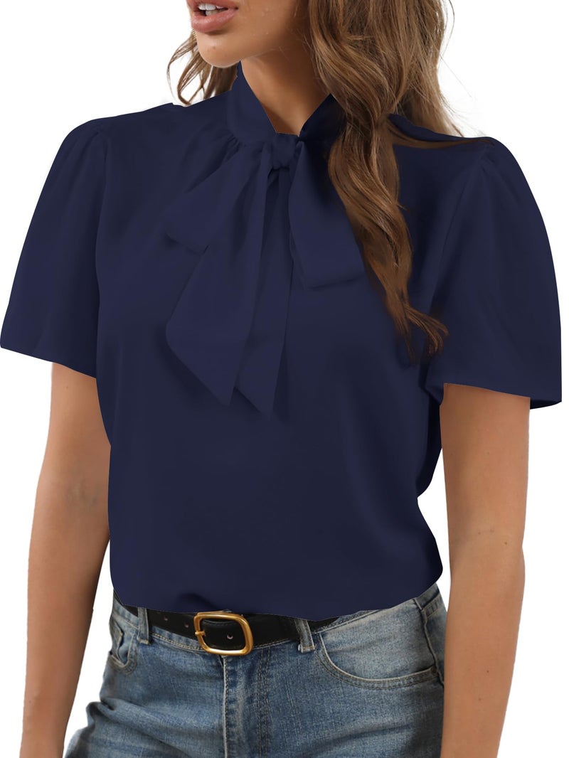 Rooscier Womens Bow Tie Knot Mock Neck Short Sleeve Elegant Workwear Blouse Shirt Top Navy Blue XLarge