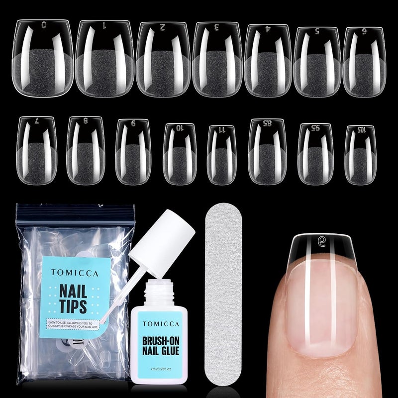 TOMICCA 240Pcs Coffin Nail Tips Extra Short Acrylic False Nails with Glue Kit Nail File 15 Sizes Matte Glossy Full Cover Tips for Gel Nail Art Manicure Decorations