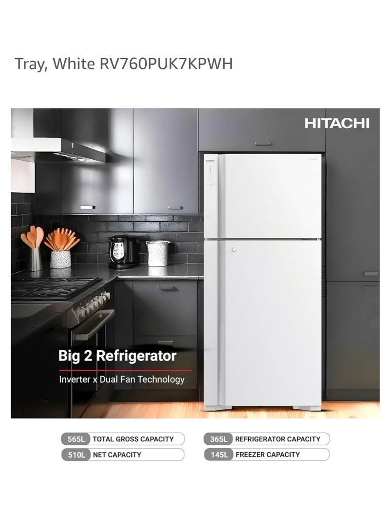 هيتاشي Hitachi 550L Net Capacity Top Mount Inverter Series Refrigerator, Pure White, RV760PUK7KPWH RV760PUK7K1TWH white - Image 3