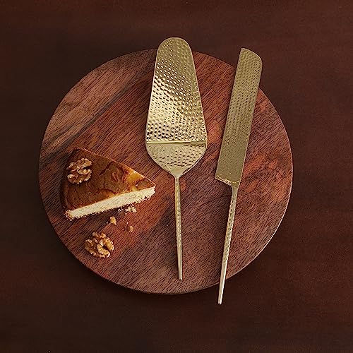 Ellementry Norah Gold Hammered Cake Server Set of 2 Wedding Cake Cutting Knife & Pastry Server, Elegant Dessert Server for Cake, Pie & Pastry, Perfect for Birthdays, Anniversaries & Parties - Image 1