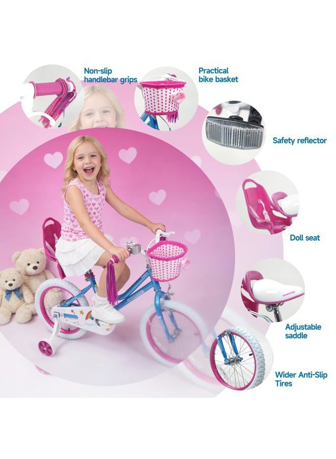 WinHope Girls Bike for 2-12 Years Old Kids, 12 14 16 18 20 Inch Kids Bicycle with Training Wheels, Basket, Streamers and Rear Seat, Cute Design, Multiple Colors for Outdoor Riding(Blue) - Image 5