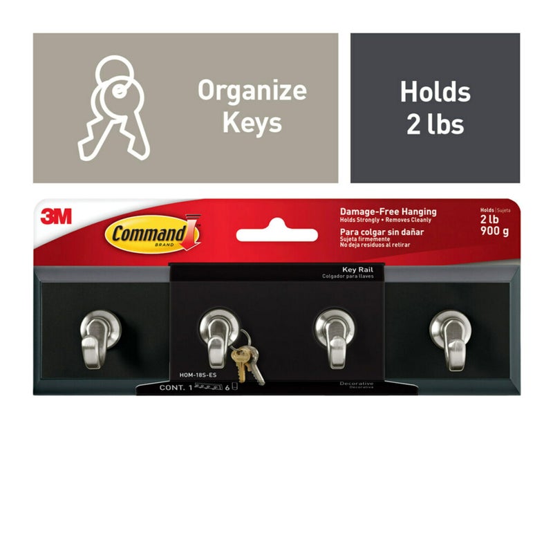 Command 3M Command HOM18SES Decorative Key Rail, 8w x 1 1/2d x 2 1/8h, Black/Silver, 4 Hooks/Pack - Image 1