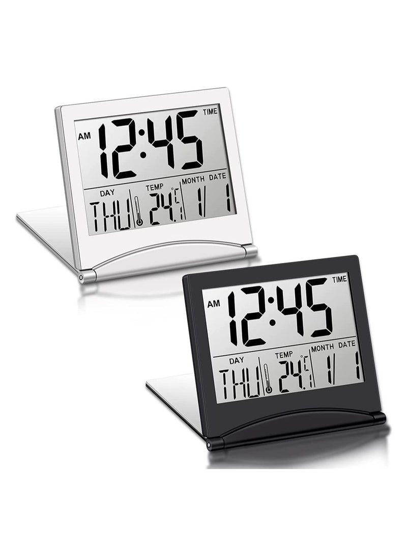 SYOSI Digital Travel Alarm Clock, 2 Pieces Foldable Calendar and Temperature and Timer LCD Clock with Snooze Mode, Large Number Display, Multifunction Small Portable Clock Desk Clock (Black, Silver)  - Image 1
