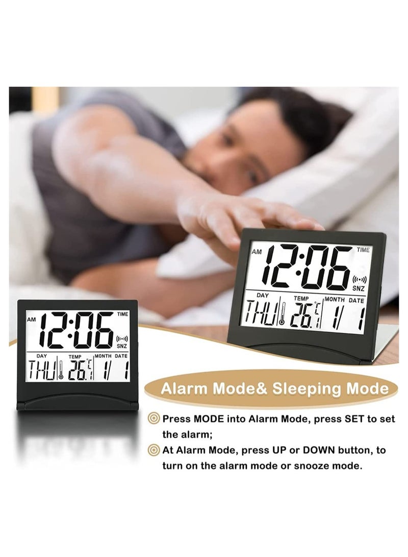 SYOSI Digital Travel Alarm Clock, 2 Pieces Foldable Calendar and Temperature and Timer LCD Clock with Snooze Mode, Large Number Display, Multifunction Small Portable Clock Desk Clock (Black, Silver)  - Image 2